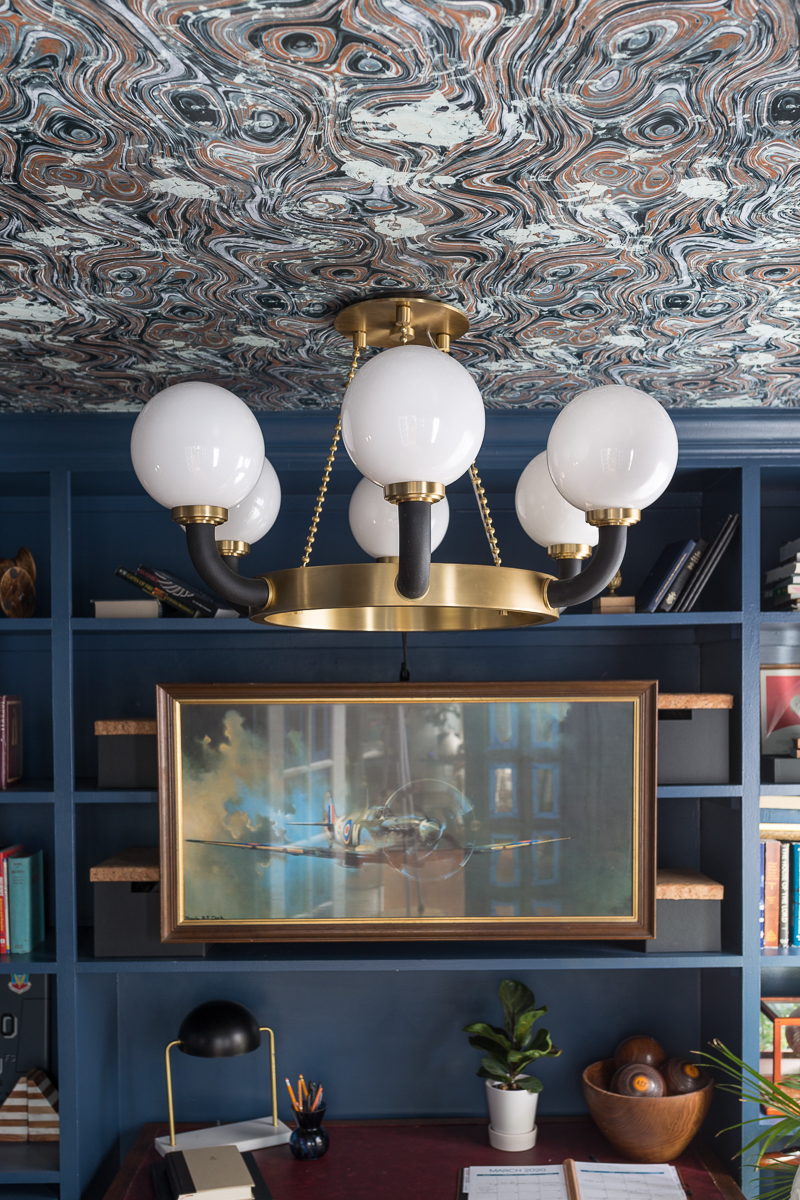 CHECK OUT this office reveal!  Stiffkey blue, spoonflower, farrow and ball, Werner, Hudson valley lighting, hvlg,  navy blue office, pilot's office, masculine office, navy blue office, antique desk, antique bookcase