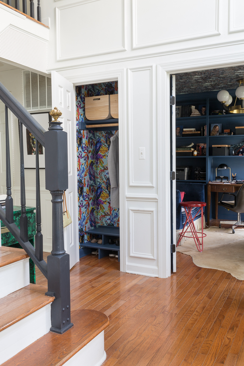 CHECK OUT this hall closet makeover, Ravenswood wallpaper, smith and Honig, closet refresh, built in shoe cubby, removable wallpaper, wallpapered closet