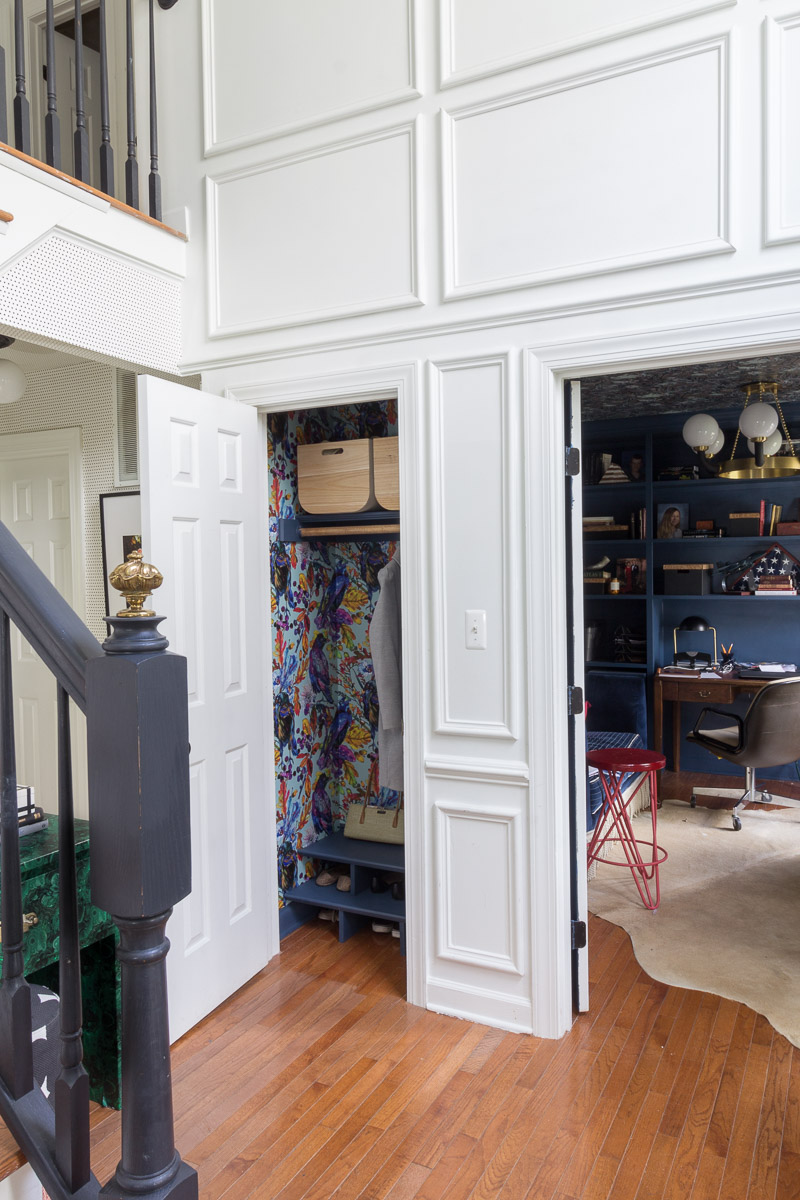 CHECK OUT this office reveal! Stiffkey blue, spoonflower, farrow and ball, military office, Air Force office, Werner, Hudson valley lighting, hvlg, fringed sofa, airplane art, navy blue office, pilot's office, masculine office, navy blue office, antique desk, antique bookcase