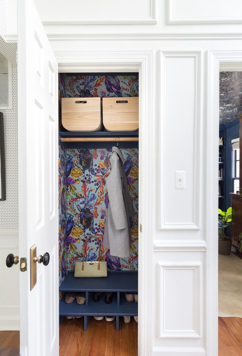 CHECK OUT this hall closet makeover, Ravenswood wallpaper, smith and Honig, closet refresh, built in shoe cubby, removable wallpaper, wallpapered closet