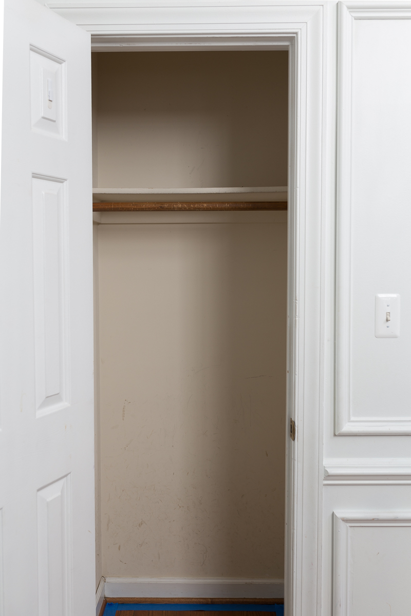 CHECK OUT this hall closet makeover, Ravenswood wallpaper, smith and Honig, closet refresh, built in shoe cubby, removable wallpaper, wallpapered closet