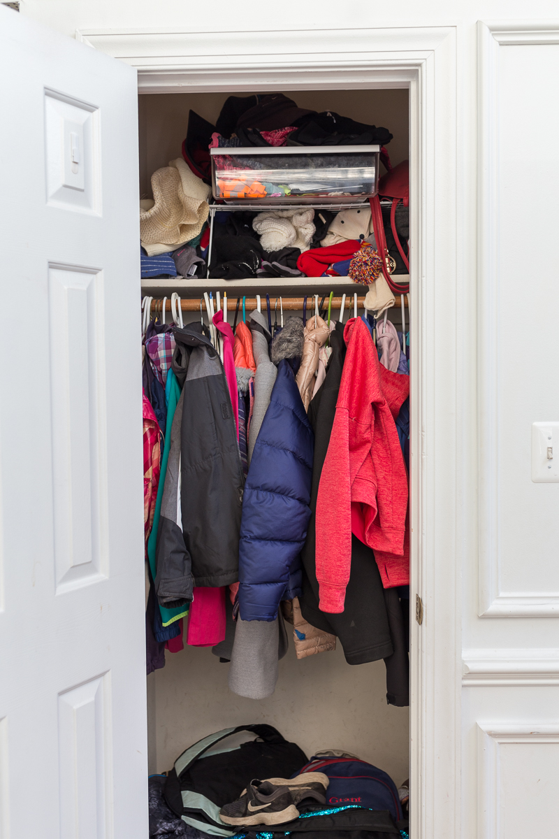 CHECK OUT this hall closet makeover, Ravenswood wallpaper, smith and Honig, closet refresh, built in shoe cubby, removable wallpaper, wallpapered closet