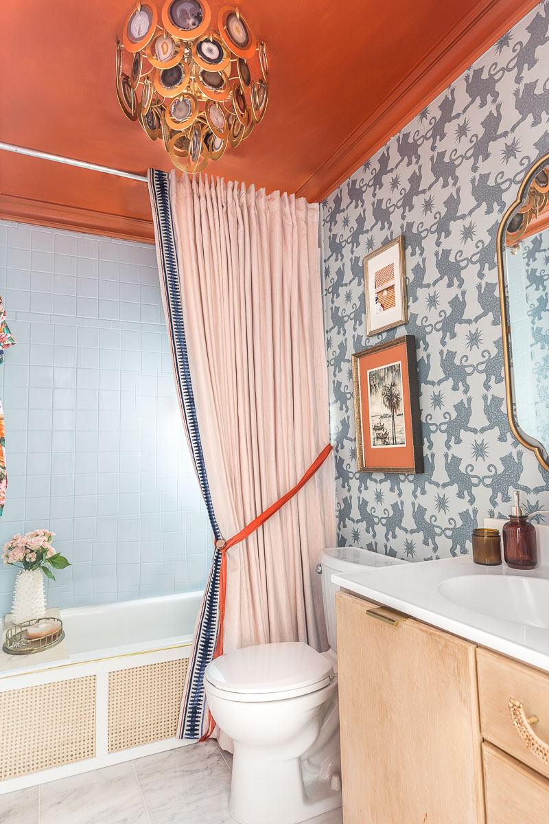 vintage bathroom, spring 2020 ORC, one room challenge, jeweled interiors, Jewel Marlowe, charlotte's locks, Hygge and west, farrow and ball, rockstar chandelier, chinoiserie wallpaper, Anthropologie bathroom, Anthropologie, Anthropologie inspired bathroom, 