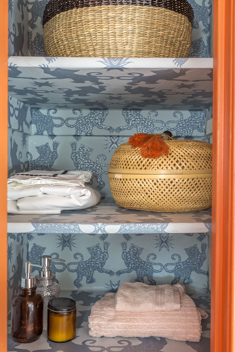 chinoiserie wallpaper, patch NYC, Hygge and west, palace, mist, indigo, bathroom wallpaper, closet wallpaper, chinoiserie closet