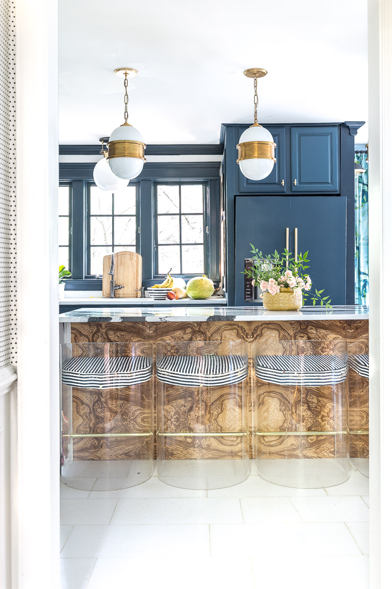 Jewel Marlowe Home Tour, Spring 2020, Jeweled Interiors kitchen, burl, tile shop floors, Hague blue cabinets, Cambria countertops, Broomley sconce, lucite barstools