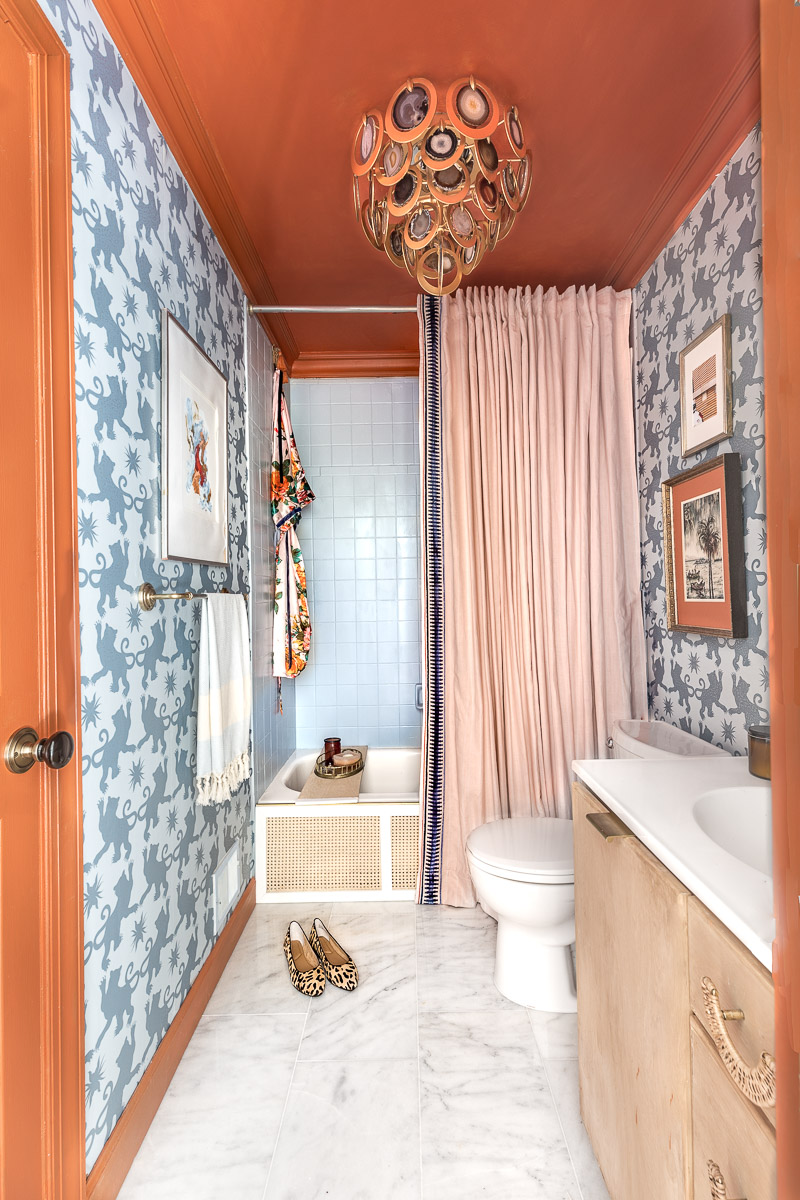 vintage bathroom, spring 2020 ORC, one room challenge, jeweled interiors, Jewel Marlowe, charlotte's locks, Hygge and west, farrow and ball, rockstar chandelier, chinoiserie wallpaper, Anthropologie bathroom, Anthropologie, Anthropologie inspired bathroom, 