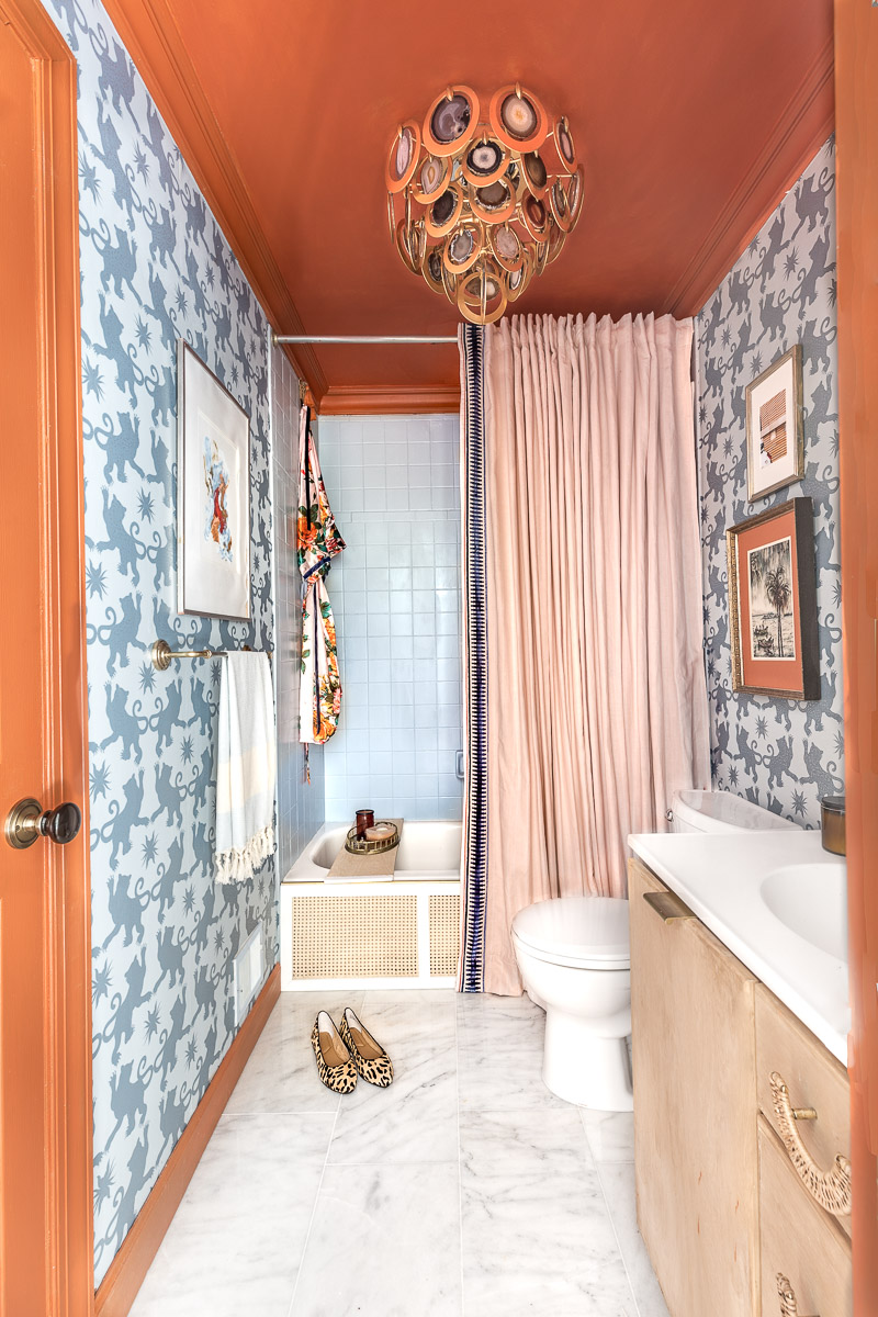 maximalist bathroom, charlotte's locks, orange bathroom, hygge and west, orange and blue room, . New Year New Room Challenge, leopard chair, diy art, panel moulding, traditional red rug, how to make your home look expensive, how to add value to your home, budget, home decor, ideas