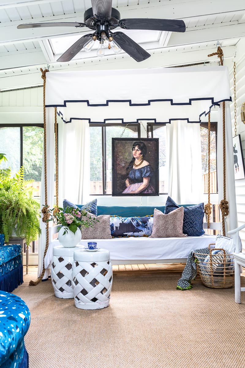 You have to see the Jewel Marlowe home tour! sunroom, portrait, indoor swing, diy bed swing, canopy, blue, colorful home