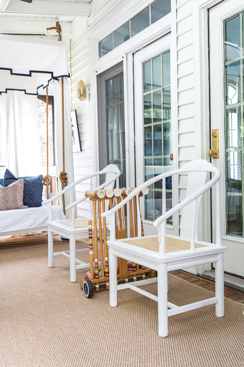 You've got to see this! sunroom big reveal, wishbone chairs, mohawk rug, Montuak, jute, indoor outdoor, cane chair, plutonium paint