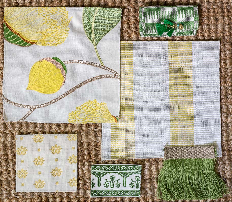 canopy bed mood board, flat lay, yellow carpet, embroidery fabric, canopy bed, twenty for 2020