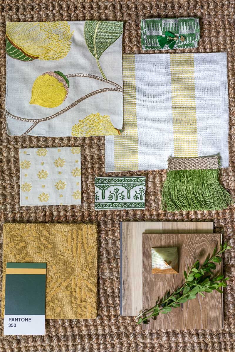canopy bed mood board, flat lay, yellow carpet, embroidery fabric, canopy bed, twenty for 2020