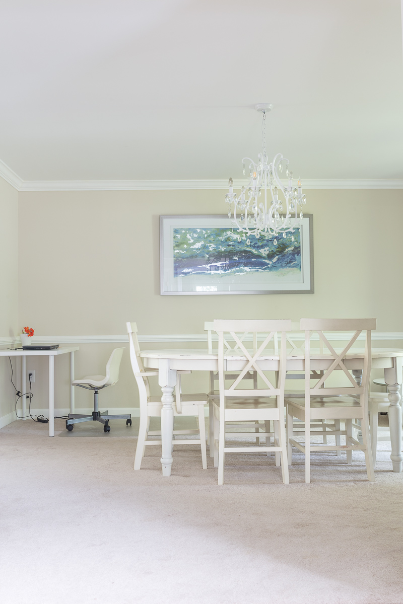 An AMAZING glamorous dining room, makeover, with a tree stump Cambria table, hardwoods, modern crystal chandelier, mural, moulding, Sulking Room Pink , Farrow and Ball, Candace Heil, One Room Challenge, Jewel Marlowe, Jeweled interiors, Fall 2020, Stroheim