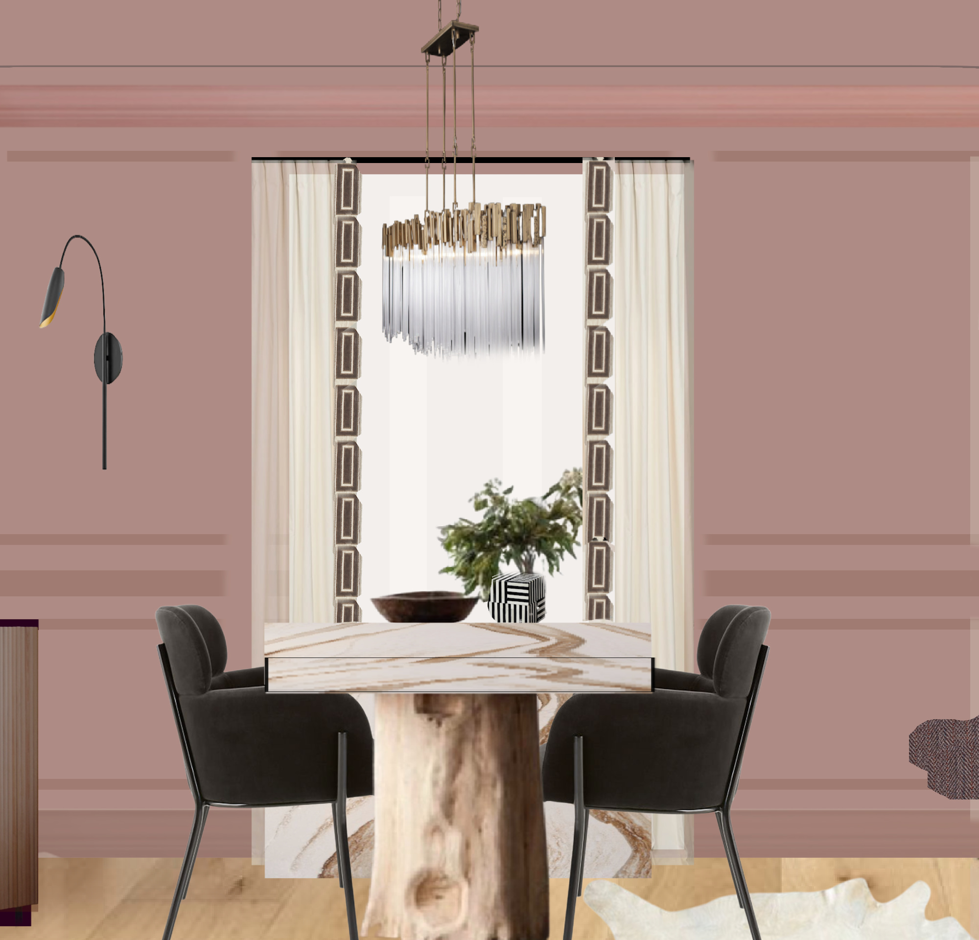 sulking room pink, Hinkley, modern sconces, picture light, brass, lamps plus, fall 2020, one room challenge, jewel Marlowe, cb2, azalea, dining room, ikea hack