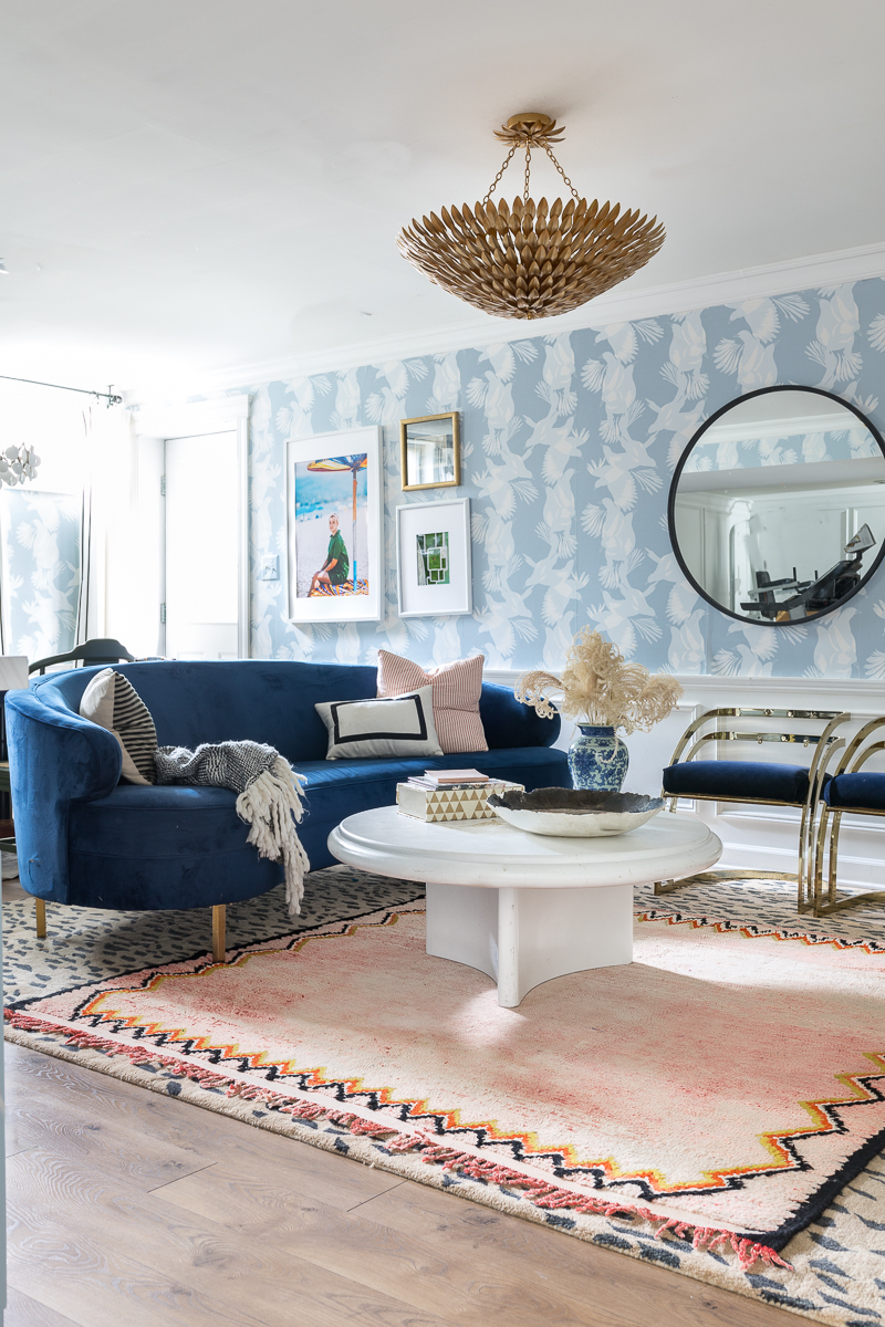 basement, teenager hang out room, wallpaper, vintage rug, colorful home, Jewel Marlowe Home Tour, summer 2020, jeweled interiors portfolio, revival rugs
