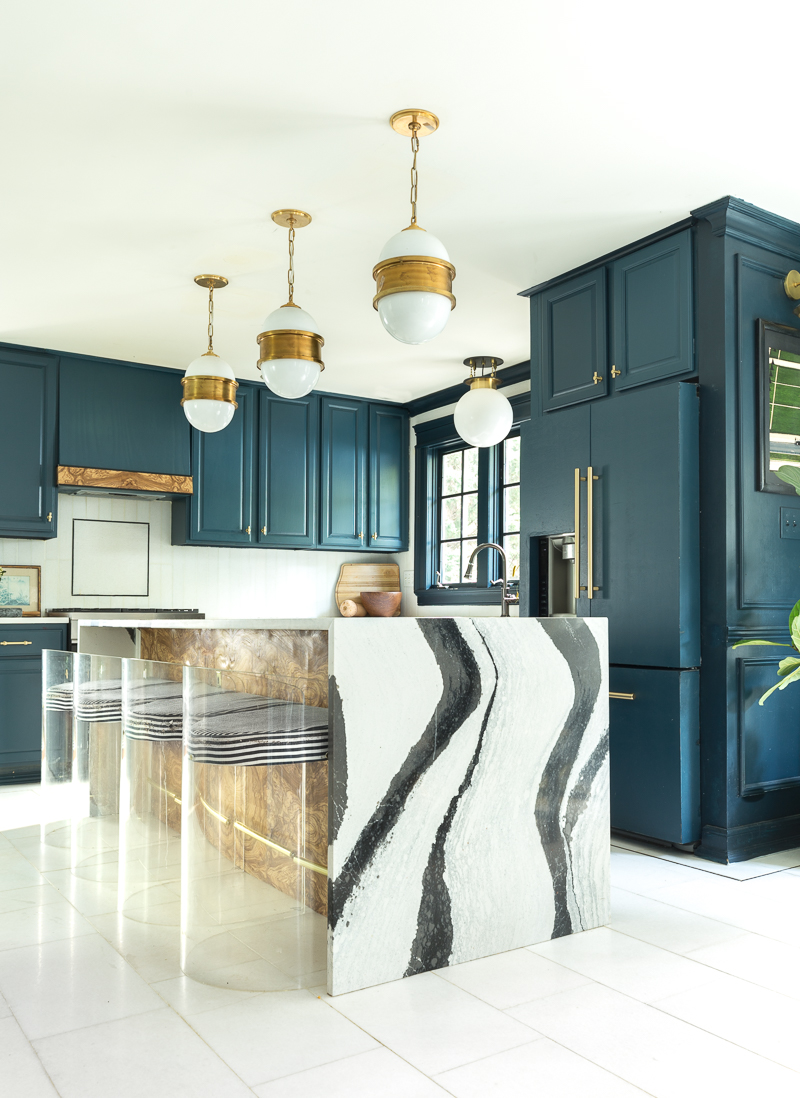 Jewel Marlowe Home Tour, Spring 2020, Jeweled Interiors kitchen, burl hood vent, tile shop floors, Hague blue cabinets, Cambria countertops, Broomley sconce, Tyrell chandelier