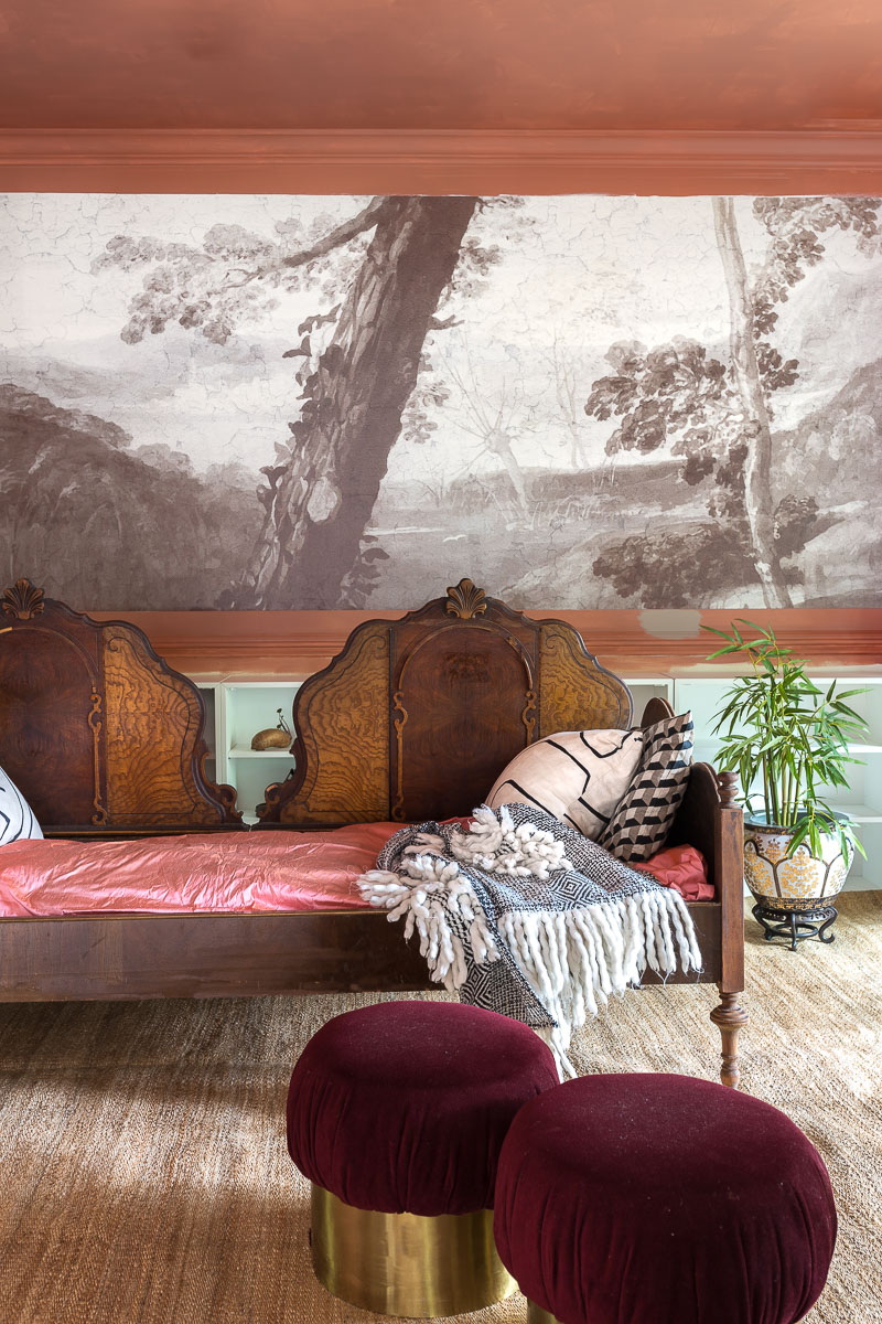 farrow and ball, red earth, primer, imaginarium, victorian bed, wall mural, mural, fine and dandy co, terra cotta, jeweled interiors, one room challenge, 2020