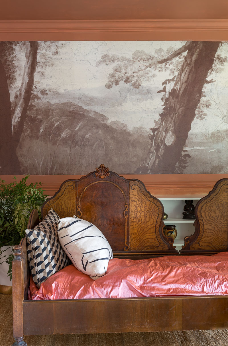 farrow and ball, red earth, primer, imaginarium, victorian bed, wall mural, mural, fine and dandy co, terra cotta, jeweled interiors, one room challenge, 2020