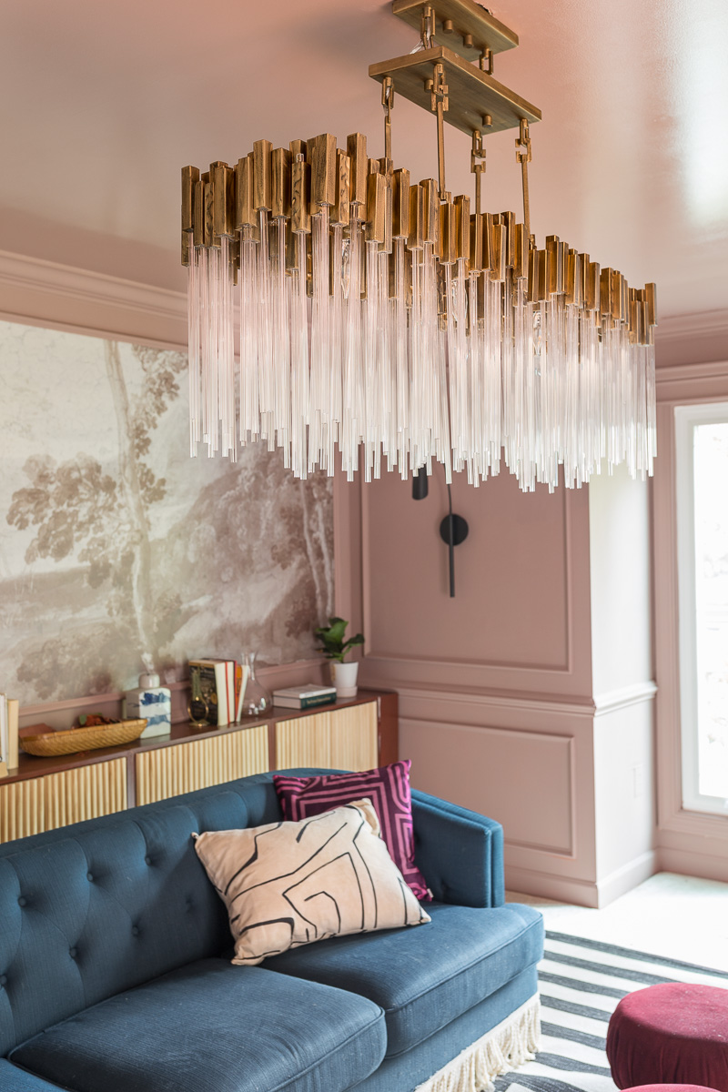 glamorous chandelier, high gloss ceilings, modern chandelier, Varaluz, matrix, crystal chandelier, modern crystal chandelier, sulking room pink, farrow and ball, fringed sofa fall 2020, one room challenge