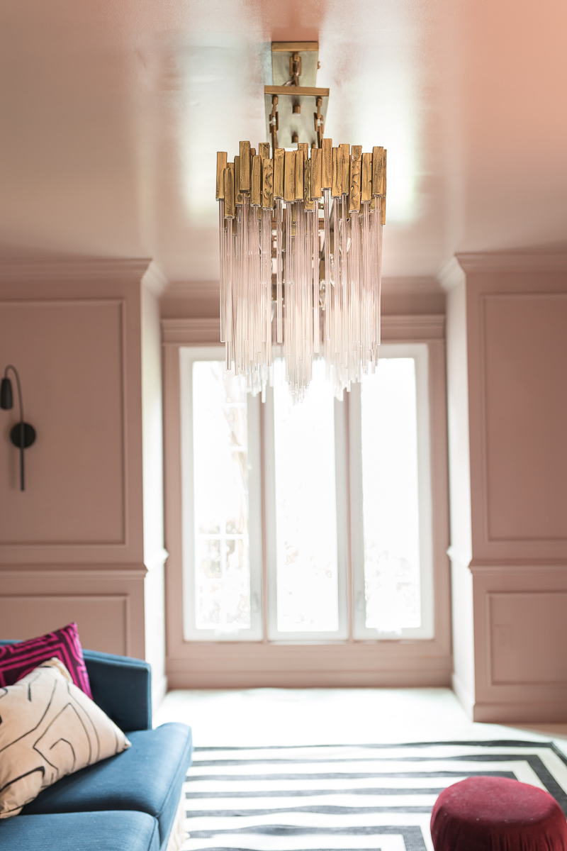 glamorous chandelier, high gloss ceilings, modern chandelier, Varaluz, matrix, crystal chandelier, modern crystal chandelier, sulking room pink, farrow and ball, fringed sofa fall 2020, one room challenge