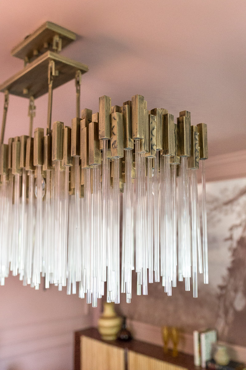 glamorous chandelier, high gloss ceilings, modern chandelier, Varaluz, matrix, crystal chandelier, modern crystal chandelier, sulking room pink, farrow and ball, fringed sofa fall 2020, one room challenge