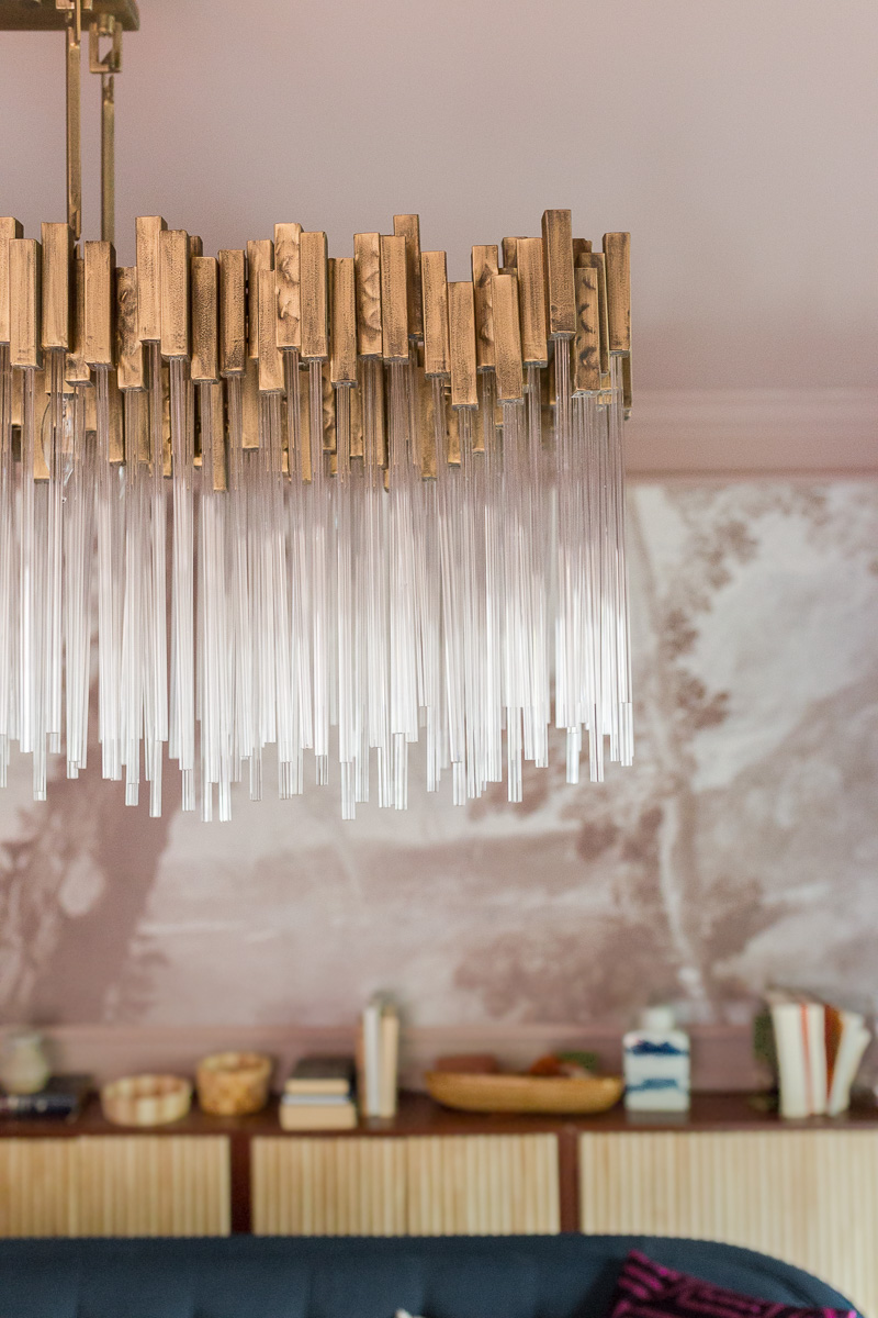 glamorous chandelier, high gloss ceilings, modern chandelier, Varaluz, matrix, crystal chandelier, modern crystal chandelier, sulking room pink, farrow and ball, fringed sofa fall 2020, one room challenge