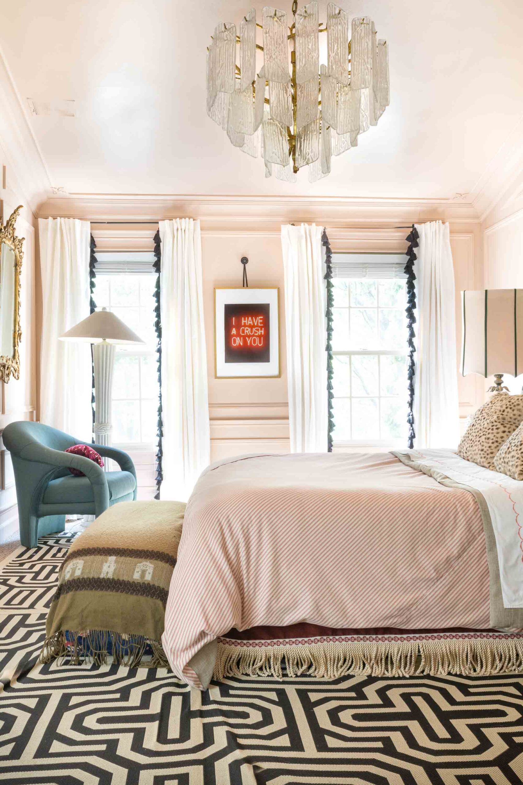 You have to see the Jewel Marlowe home tour! Jeweled Interiors DIY bed, Setting Plaster, Metrie Moulding, Anthropologie mural, burl wardrobe