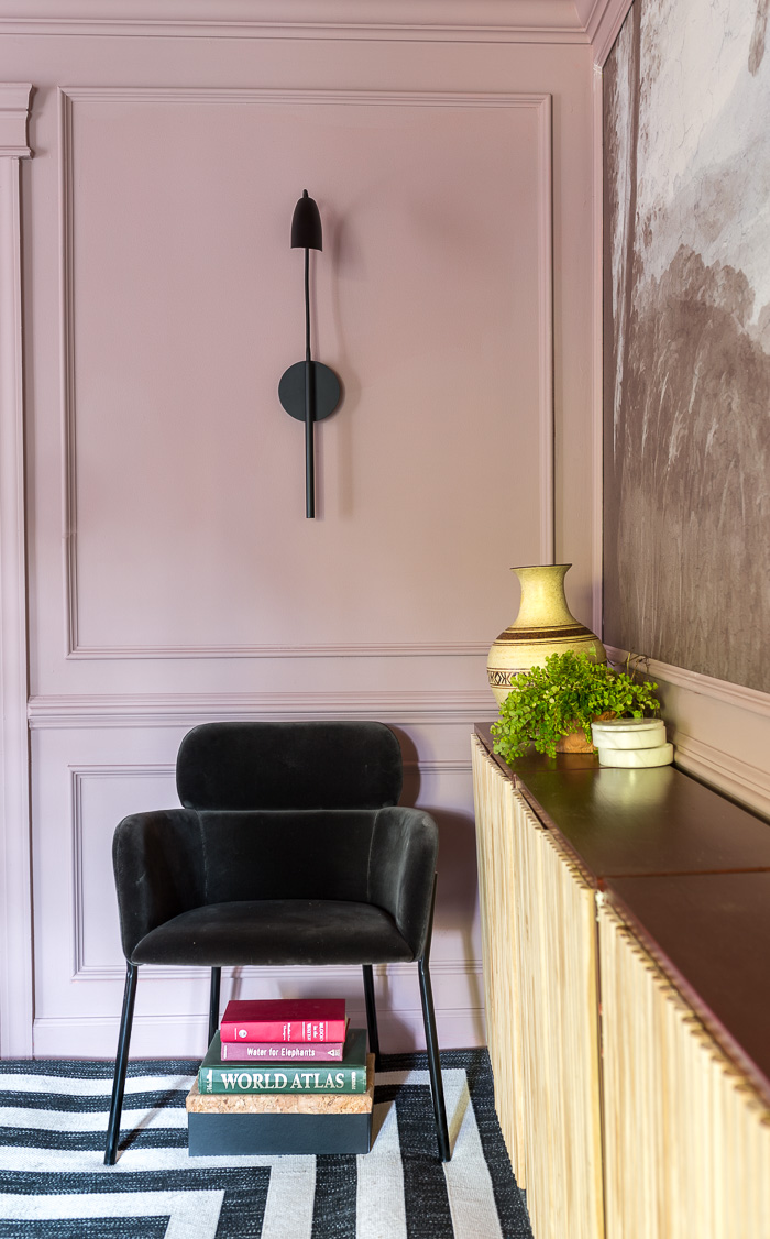 sulking room pink, Hinkley, modern sconces, picture light, brass, lamps plus, fall 2020, one room challenge, jewel Marlowe, cb2, azalea, dining room, ikea hack