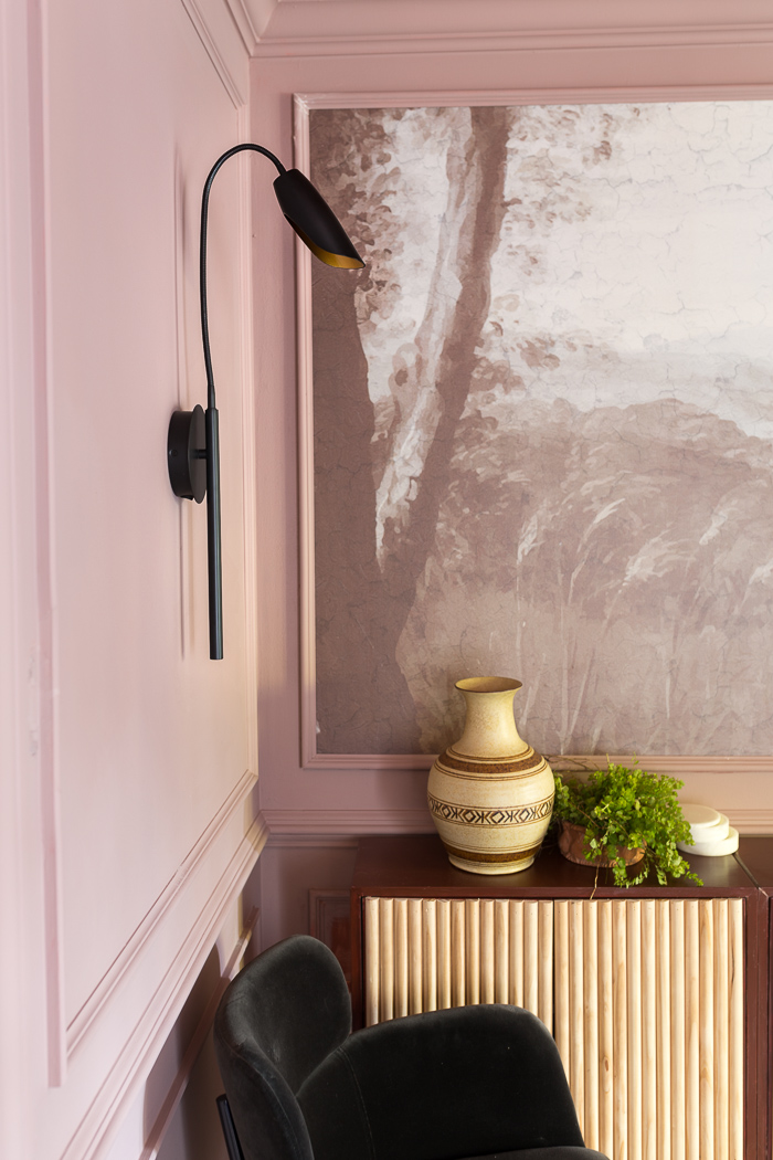 sulking room pink, Hinkley, modern sconces, picture light, brass, lamps plus, fall 2020, one room challenge, jewel Marlowe, cb2, azalea, dining room, ikea hack