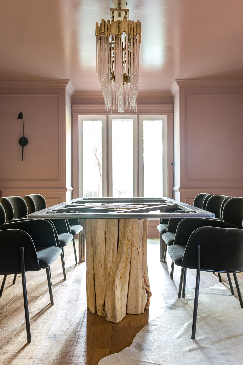 glamorous chandelier, high gloss ceilings, modern chandelier, Varaluz, matrix, crystal chandelier, modern crystal chandelier, sulking room pink, farrow and ball, fringed sofa fall 2020, one room challenge