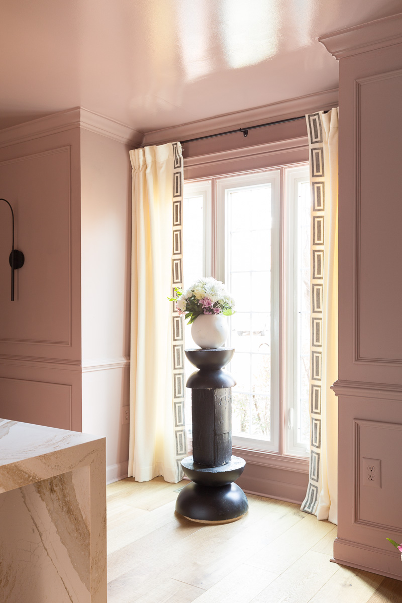 An AMAZING glamorous dining room, makeover, statue, hardwoods, modern crystal chandelier, mural, moulding, Sulking Room Pink , Farrow and Ball, Candace Heil, One Room Challenge, Jewel Marlowe, Jeweled interiors, Fall 2020, Stroheim