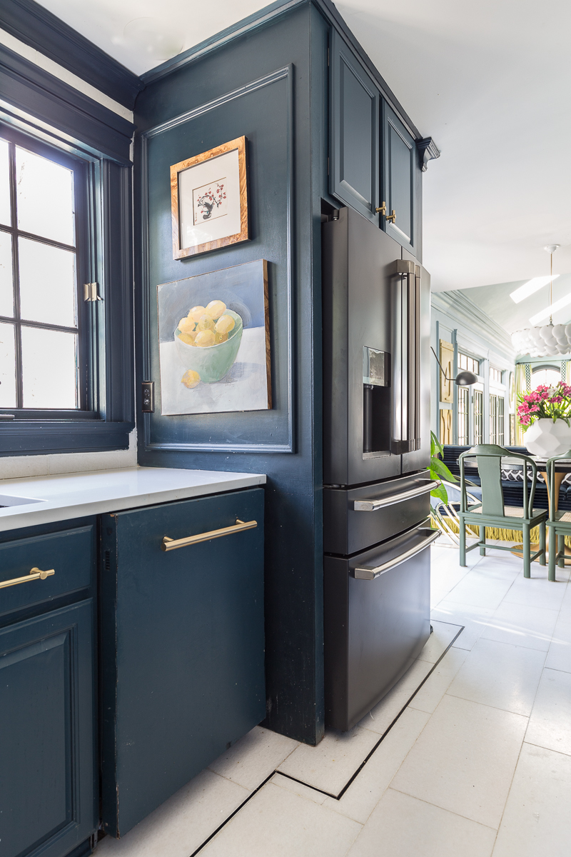 Cafe fridge, black matte, cafe appliances, jeweled interiors, blue kitchen, marble floors