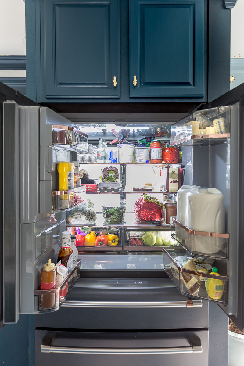 Cafe fridge, black matte, cafe appliances, jeweled interiors, blue kitchen, marble floors