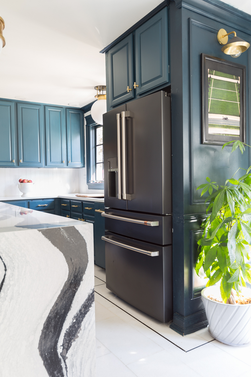 Cafe fridge, black matte, cafe appliances, jeweled interiors, blue kitchen, marble floors