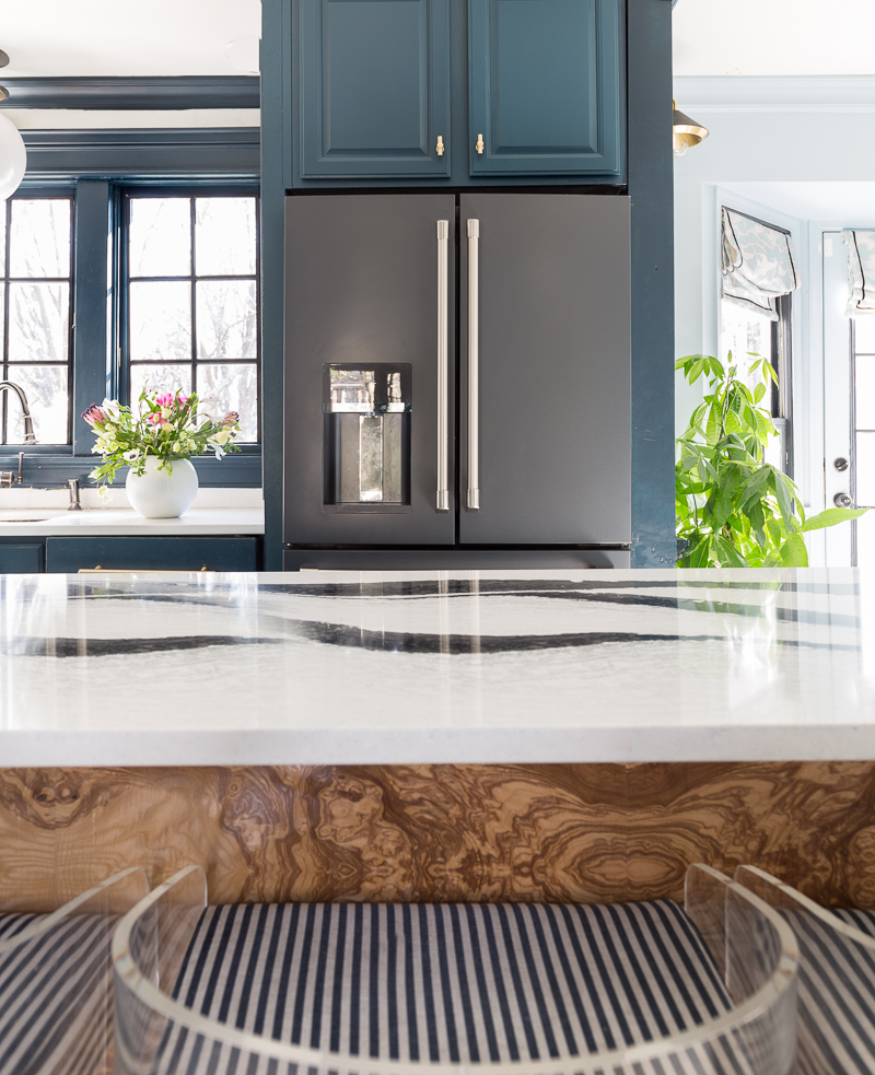 Cafe fridge, black matte, cafe appliances, jeweled interiors, blue kitchen, marble floors