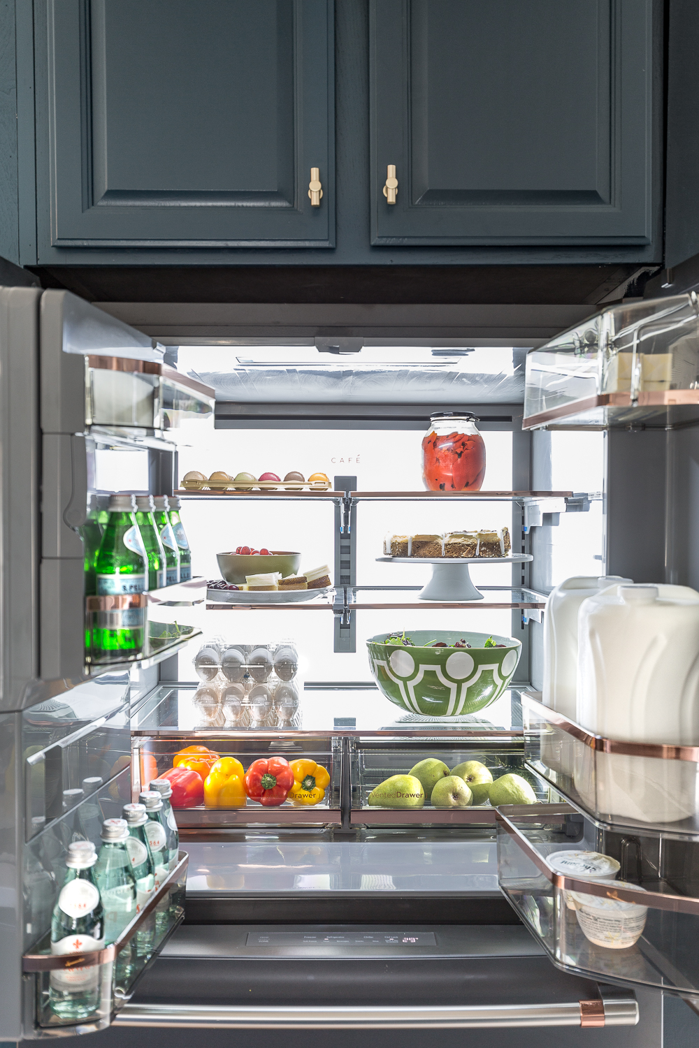 Cafe fridge, black matte, cafe appliances, jeweled interiors, blue kitchen, marble floors