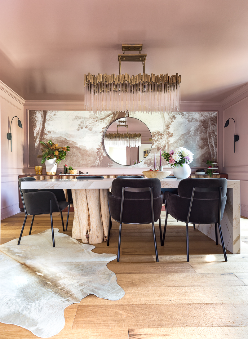 Cambria, Brittannica Gold, countertop, custom table, one room challenge, fall 2020, Jewel Marlowe, jeweled Interiors, sulking room pink, farrow and ball, dining room, cb2, 