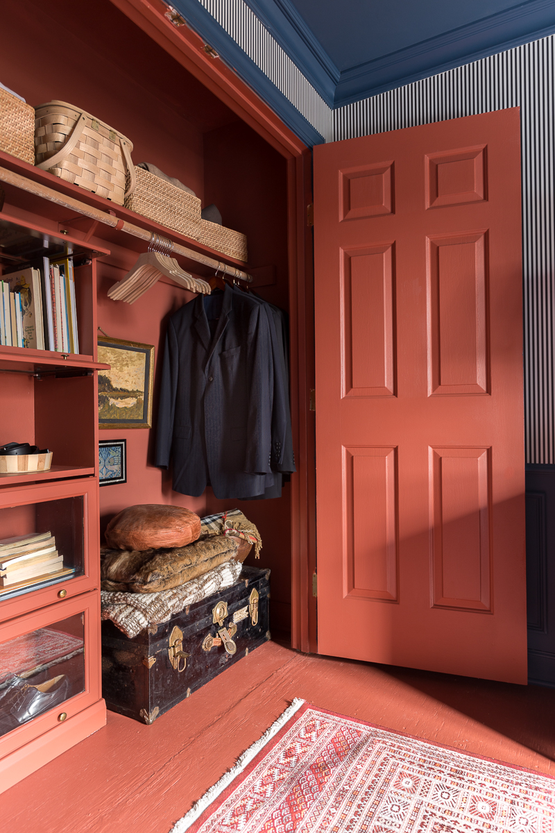 . New Year New Room Challenge, Picture Gallery Red, farrow and ball, closet, masculine, handsome, the container store, Milton and king, striped walls, stiffkey blue, Union Jack dresser, New Year New Room Challenge, closet organization, wallpapered closet, pantry organization, tips 