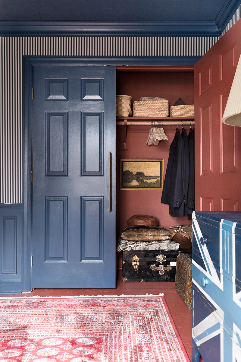 . New Year New Room Challenge, Picture Gallery Red, farrow and ball, closet, masculine, handsome, the container store, Milton and king, striped walls, stiffkey blue, Union Jack dresser, New Year New Room Challenge, closet organization, wallpapered closet, pantry organization, tips 