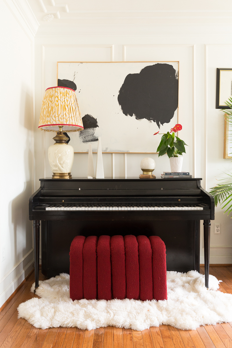 . New Year New Room Challenge,DIY Modern bench tutorial, velvet channel tuft, boucle, red bench, how to upholster, step by step, build a bench, piano bench