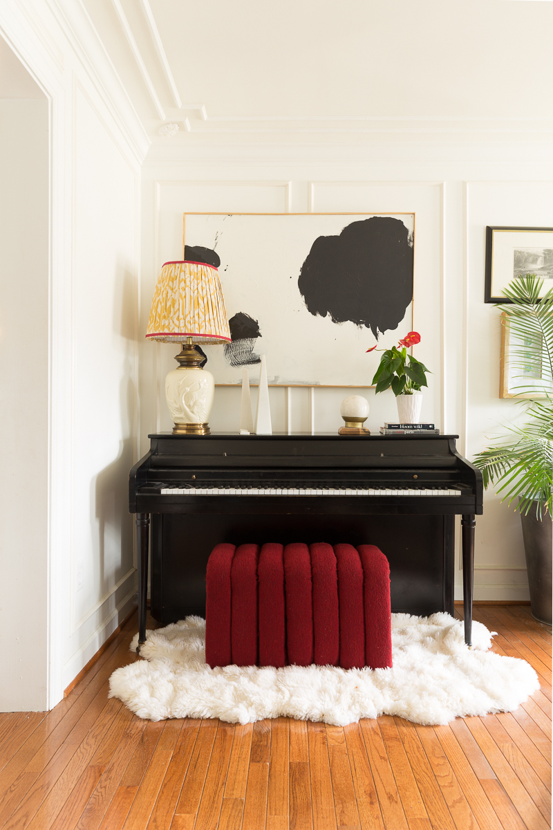 . New Year New Room Challenge,DIY Modern bench tutorial, velvet channel tuft, boucle, red bench, how to upholster, step by step, build a bench, piano bench