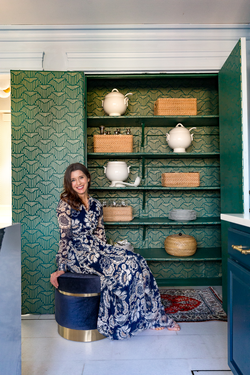 kitchen pantry design, butler's pantry, wallpapered, wallpaper, higgle and west, Art Deco, Anthropologie, closet, organization, kitchen, green, gold, ideas, tips, jeweled interiors, Jewel Marlowe, the container store, how to organize 