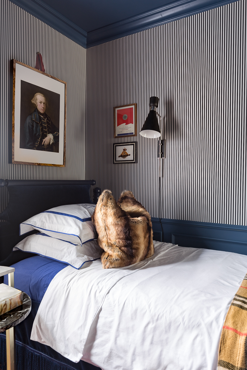 Masculine Traditional Bedroom, reveal, boy's bedroom, boy bedroom, man bedroom, British design, grand millennial, traditional design, Stiffkey blue, Wagner chandelier, modern chandelier, black and white striped wallpaper, Milton and king, candy stripe, gallery wall, 