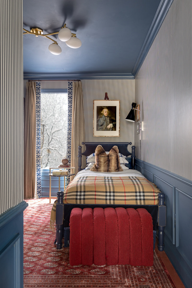 Masculine Traditional Bedroom, reveal, boy's bedroom, boy bedroom, man bedroom, British design, grand millennial, traditional design, Stiffkey blue, Wagner chandelier, modern chandelier, black and white striped wallpaper, Milton and king, candy stripe, gallery wall, 