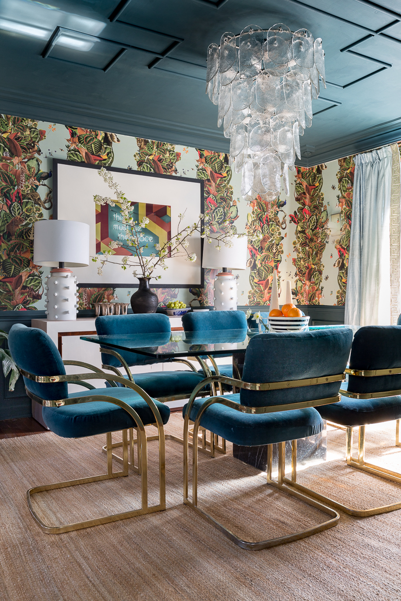 maximalist decor, maximalist dining room, lamps plus, cyan cascata, jungle wallpaper, wallpaper, just rug, diy ceiling medallion, over scaled chandelier, dining room, dupioni silk drapes, glamorous dining room, milo baughman chairs, inchyra blue, farrow and ball, 