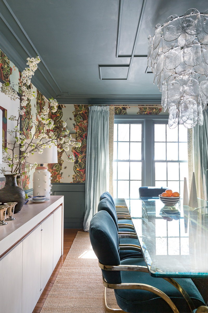 maximalist decor, maximalist dining room, lamps plus, cyan cascata, jungle wallpaper, wallpaper, just rug, diy ceiling medallion, over scaled chandelier, dining room, dupioni silk drapes, glamorous dining room, milo baughman chairs, inchyra blue, farrow and ball, 