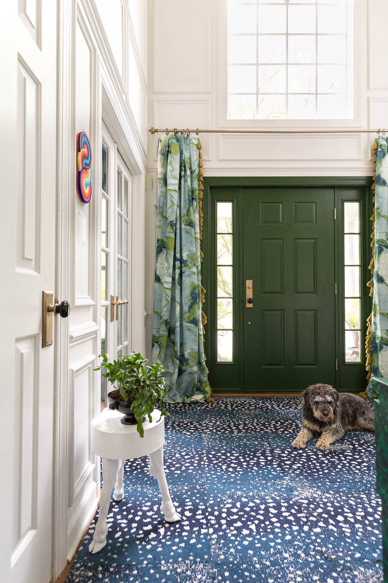 Entryway with blue animal print carpet and blue marble drapes, green door, labradoodle, entryway moulding, carpet squares