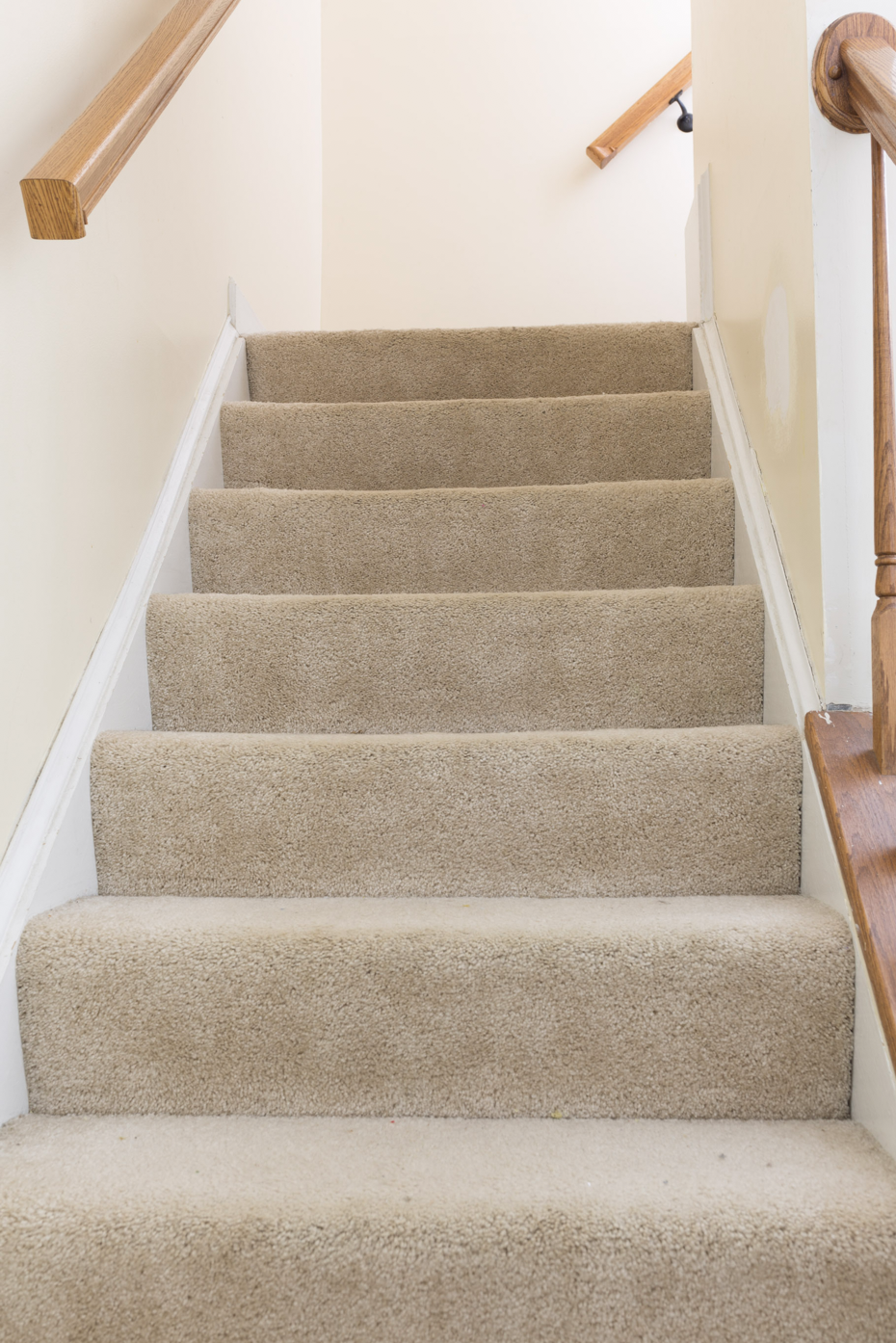 before staircase makeover, painted stairs, cook's blue, artichoke wallpaper, brooch flush mount, olive green, diy, budget friendly