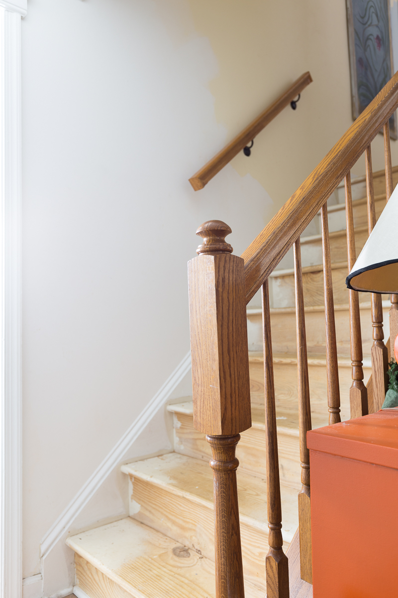 before staircase makeover, painted stairs, cook's blue, artichoke wallpaper, brooch flush mount, olive green, diy, budget friendly