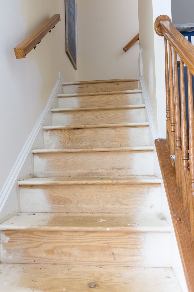 before staircase makeover, painted stairs, cook's blue, artichoke wallpaper, brooch flush mount, olive green, diy, budget friendly