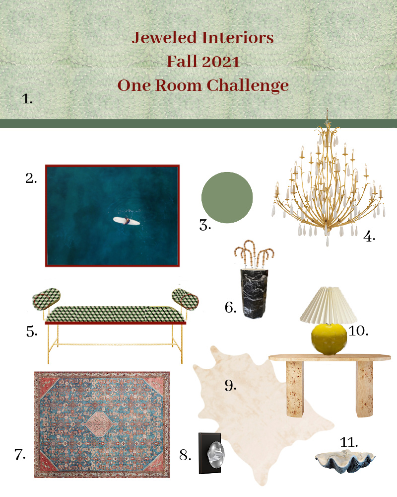 Fall 2021 One Room Challenge, Jewel Marlowe, One Room Challenge, Entryway, dining room, TV room, Schumacher, Feather Bloom, fine and dandy wallpaper co, burl, navy, green, crystal knob handle